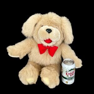 Vintage Goffa Dog Plush with Red Bow Tie & Red Mouth Tan Puppy Stuffed Animal